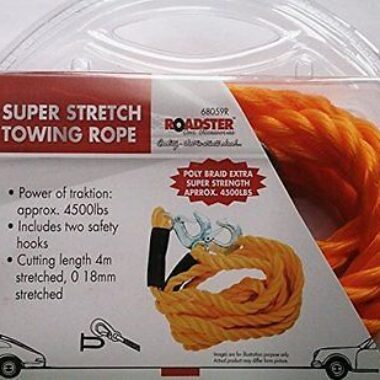 SUPER STRETCH TOWING ROPE , INCLUDES TWO SAFETY HOOKS, 4m STRETCH