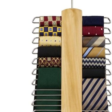 Tie Hanger Wooden Hangers Wardrobe Tie Organiser – Stylish Hanging Storage Rack With 20 Chrome Bars With Swivel Hook for Tie, Belt, Scarf Beech Wood Tie…