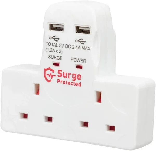 2 Way/Gang Cable-Free Socket Adaptor with 2x USB Charge Surge Protected - Image 3